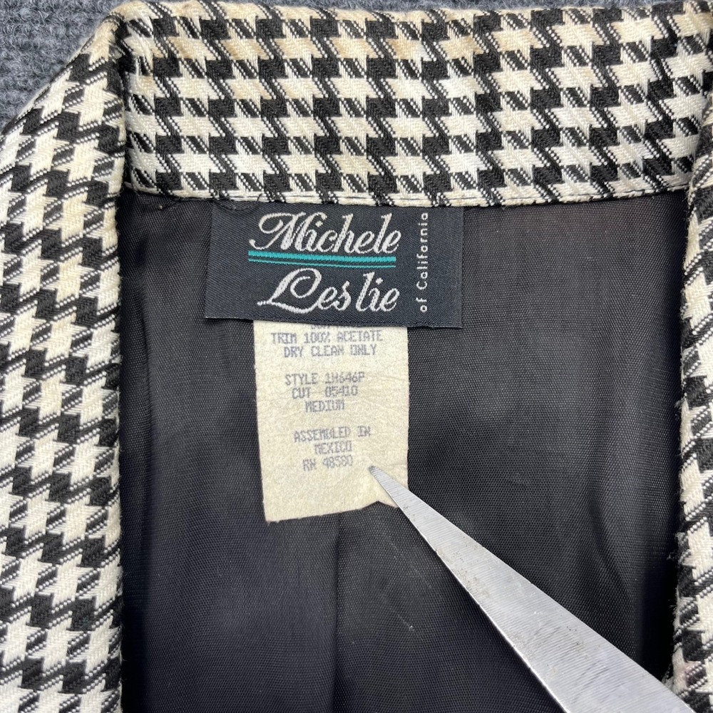 Michele Leslie Vintage Houndstooth Blazer Black White Longline‎ Jacket - Picture 2 of 5